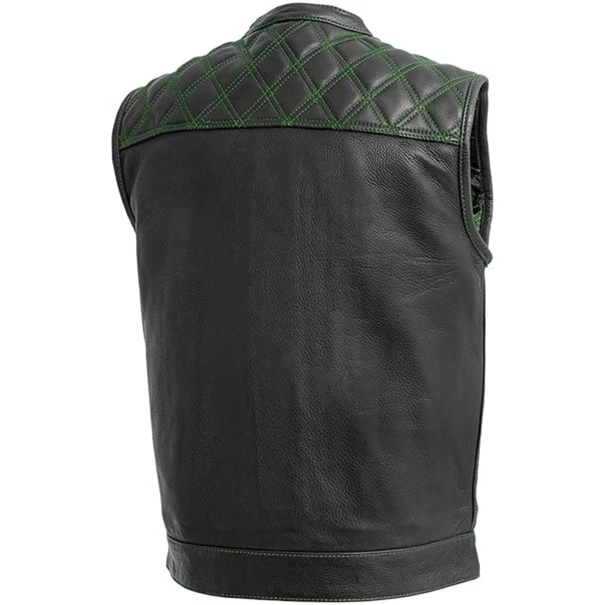 Black leather vest with green quilted accents on a white background