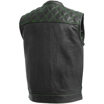 Black leather vest with green quilted accents on a white background