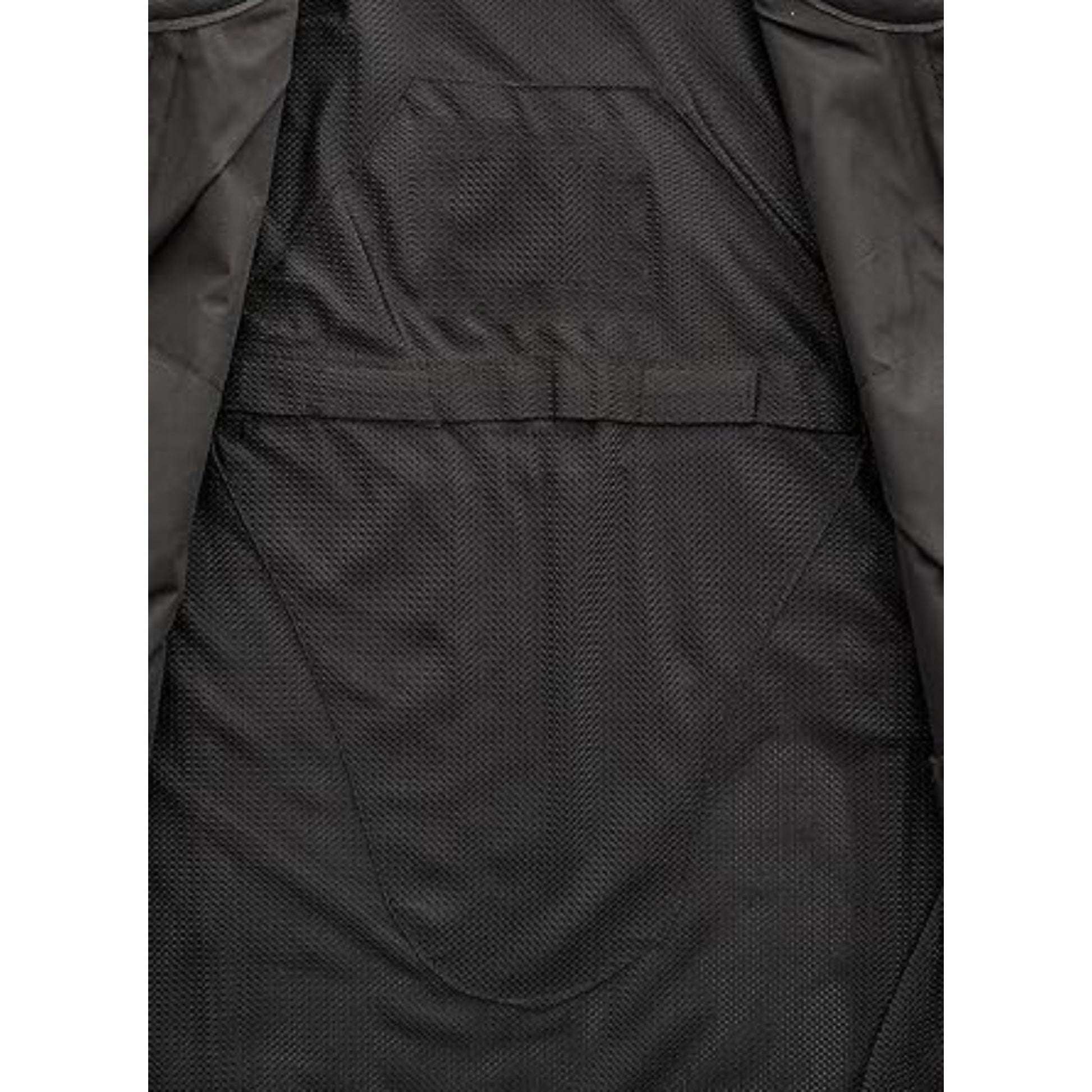 Close-up of a textured black jacket with a pocket detail on a white background