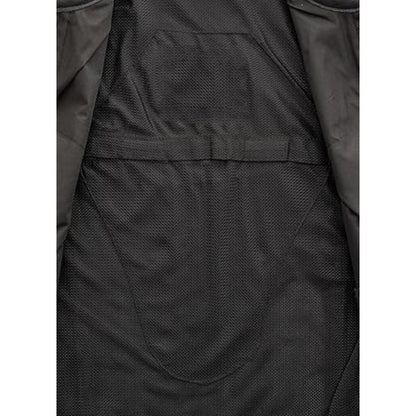 Close-up of a textured black jacket with a pocket detail on a white background