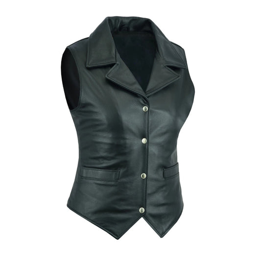 Black leather vest with buttons on a white background