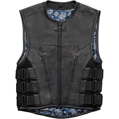 Black leather vest with tactical design on a white background