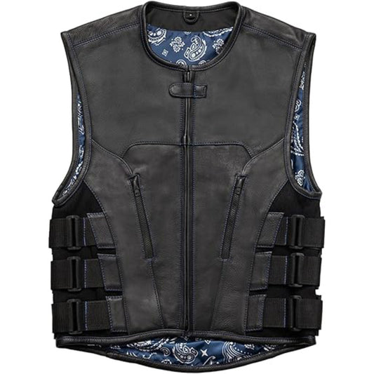 Black leather vest with tactical design on a white background