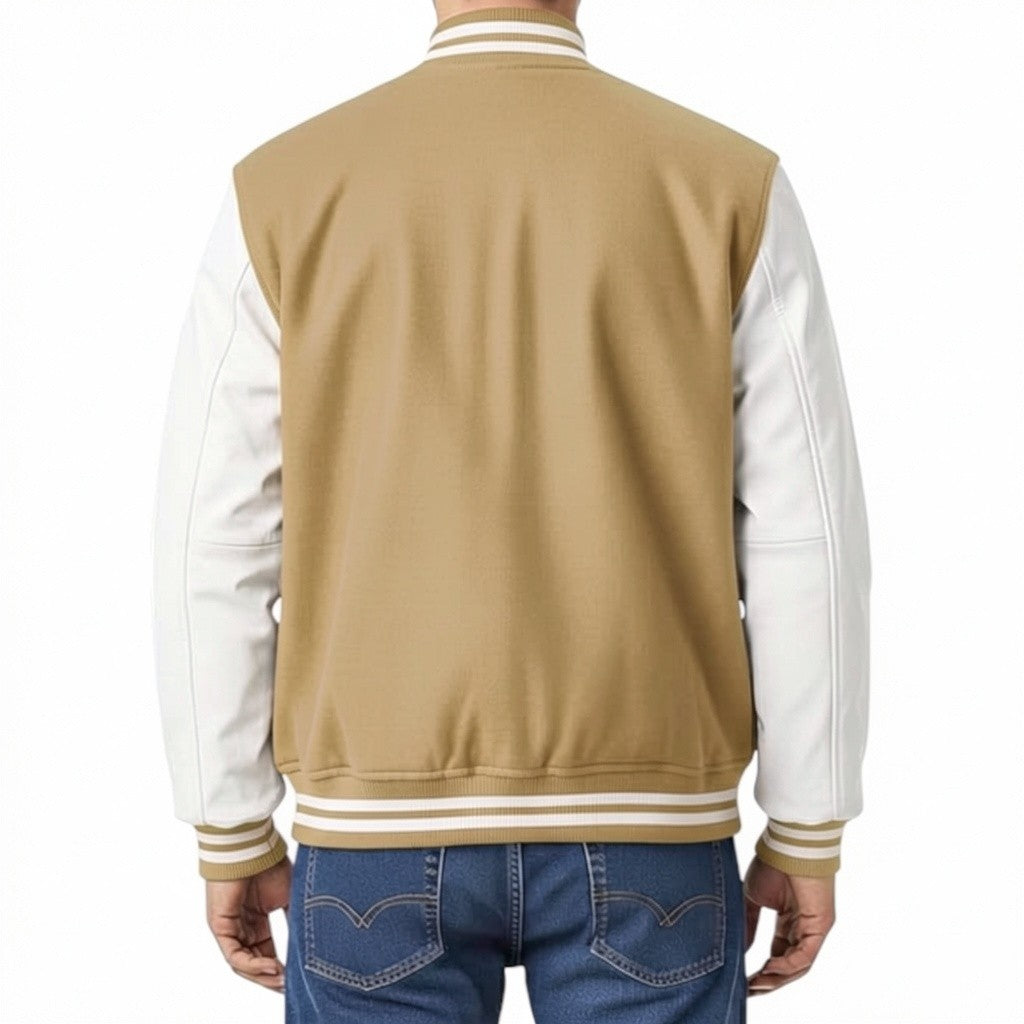 Beige and white varsity jacket worn by a person on a white background