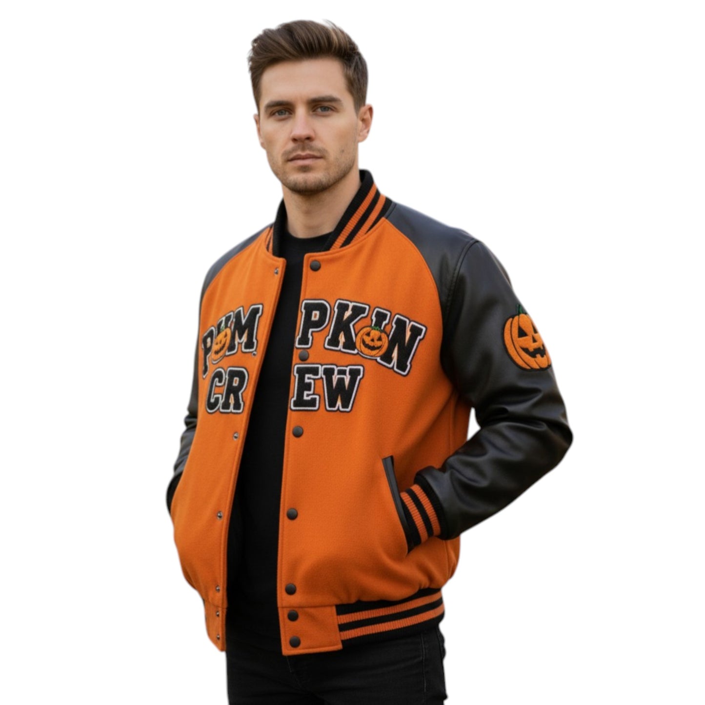 Man wearing an orange and black letterman jacket with 'PUMPKIN CREW' text on a white background