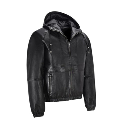 Black leather jacket with a hood on a white background