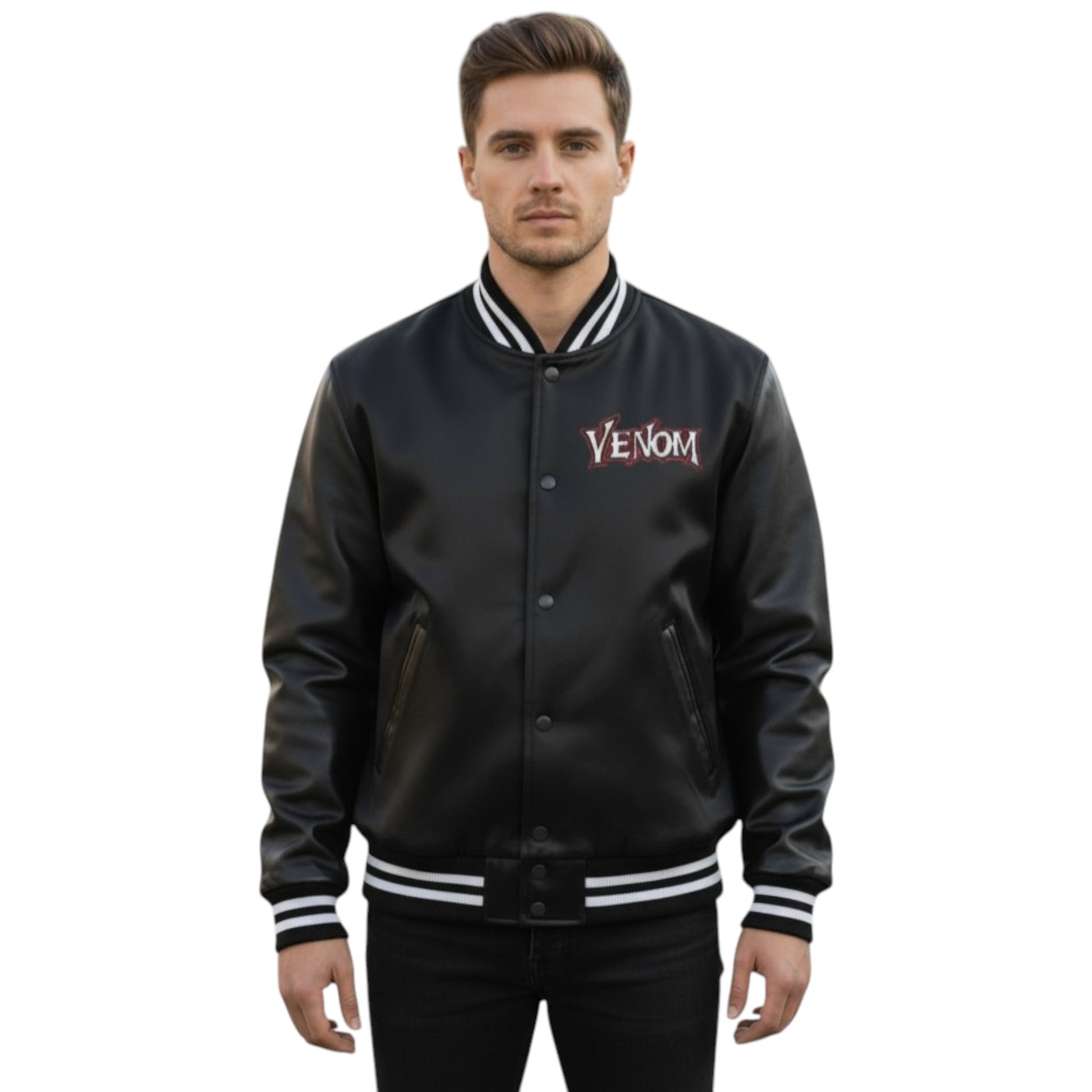 Man wearing a black 'Venom' jacket on a white background