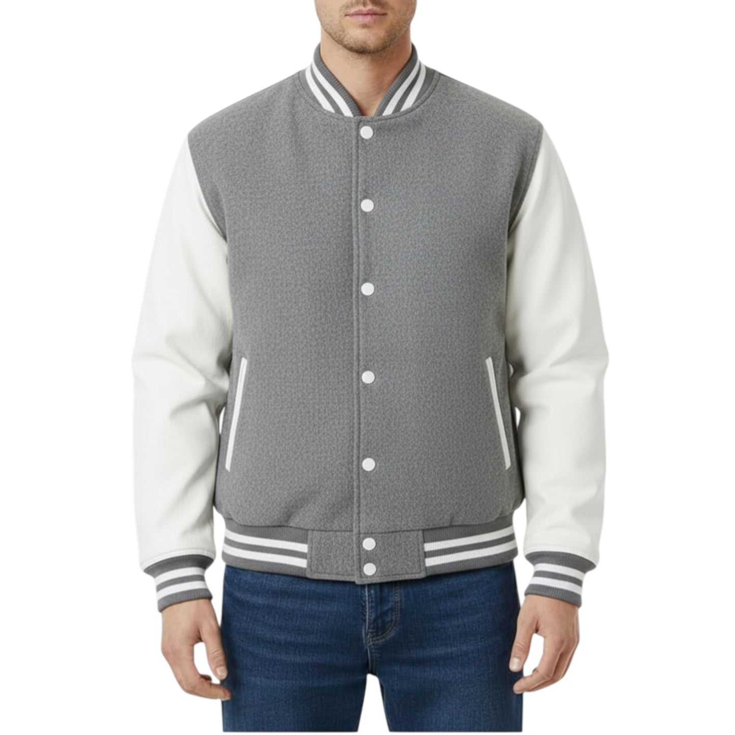Grey Varsity Letterman Jacket White Contrast Sleeve Bomber Outerwear