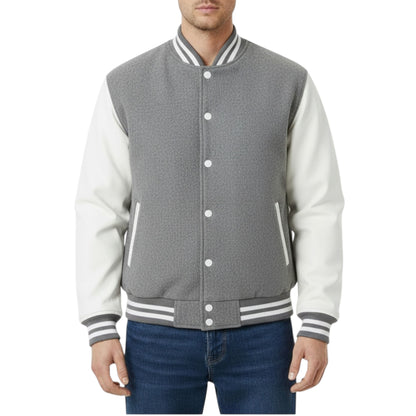 Grey Varsity Letterman Jacket White Contrast Sleeve Bomber Outerwear