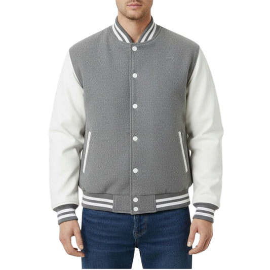Grey Varsity Letterman Jacket White Contrast Sleeve Bomber Outerwear