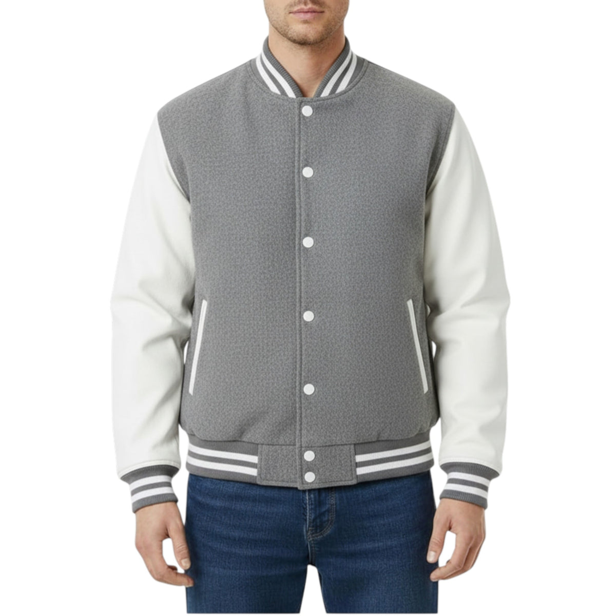 Gray and white varsity jacket worn by a person on a white background