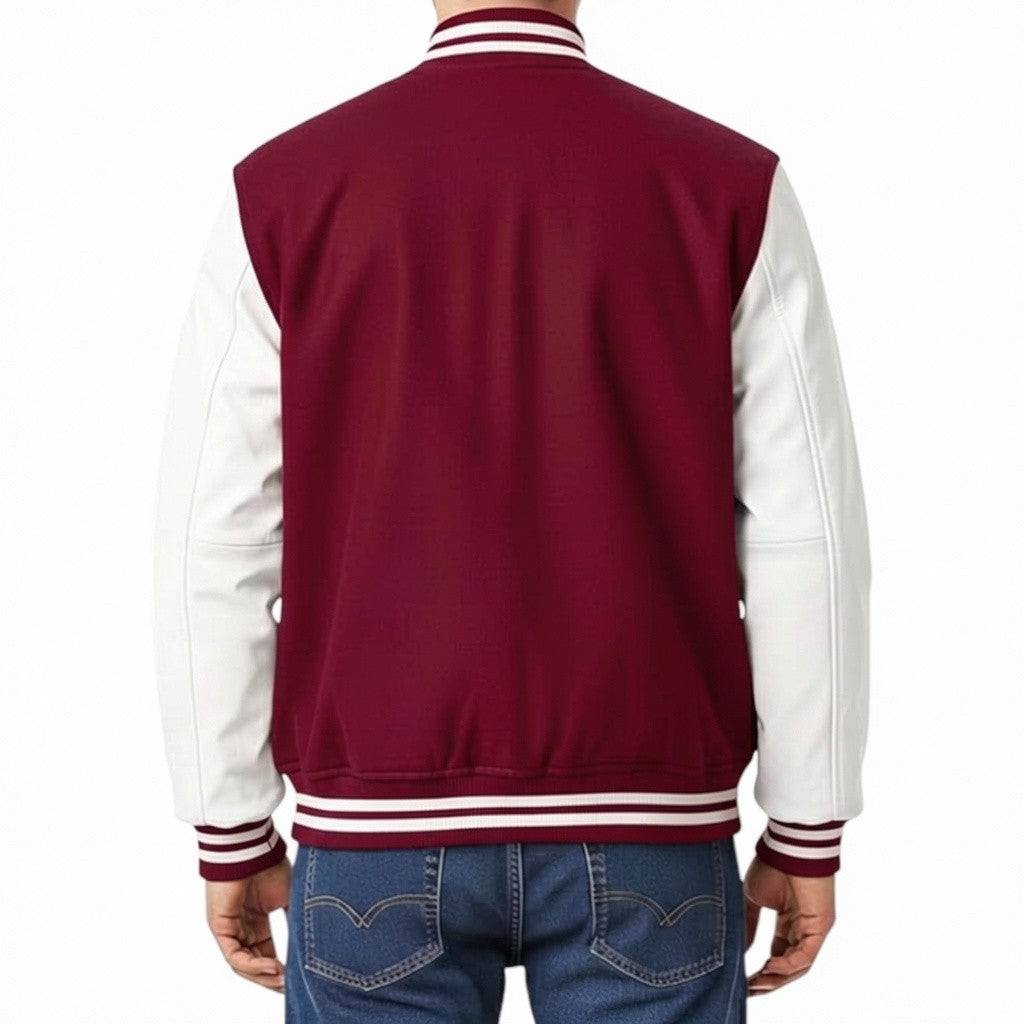 Maroon and white varsity jacket on a plain background