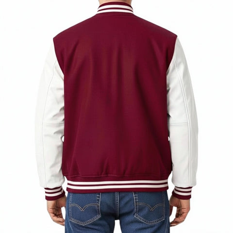 Maroon and white varsity jacket on a plain background