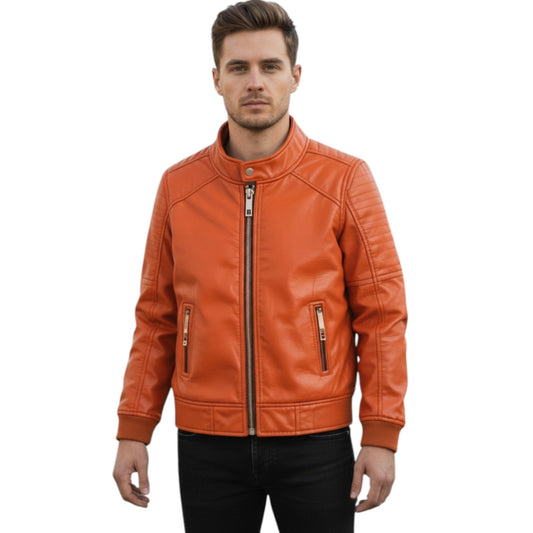 Man wearing an orange leather jacket on a white background