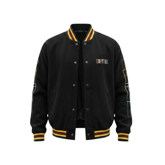 Black varsity jacket with colorful accents on a white background