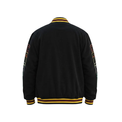 Black varsity jacket with yellow accents on a white background