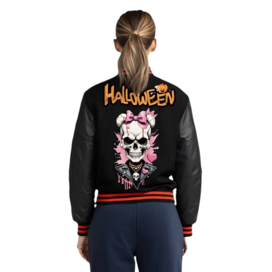 Black Halloween-themed jacket with skull design and 'Halloween' text on a white background