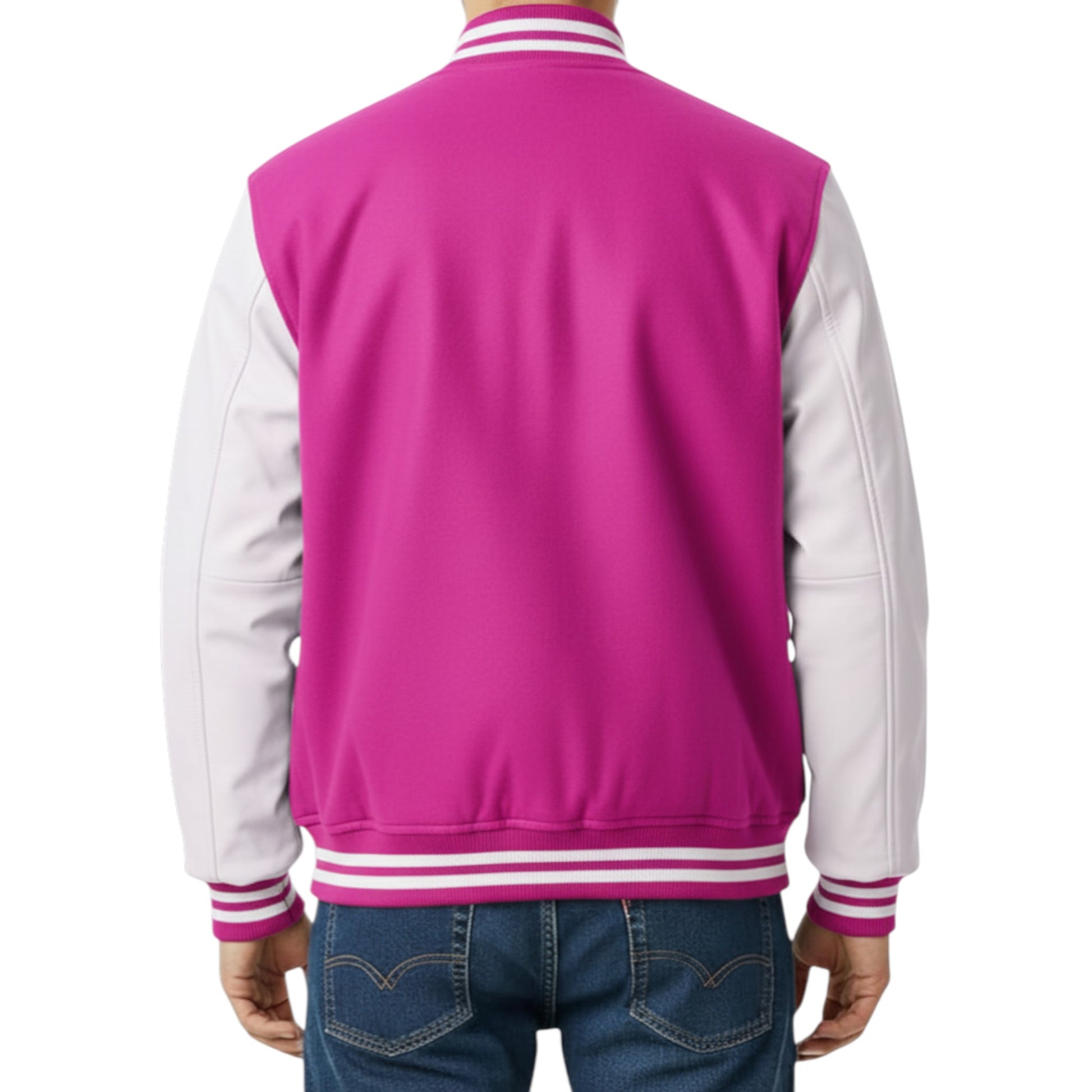 Pink and white varsity jacket on a white background