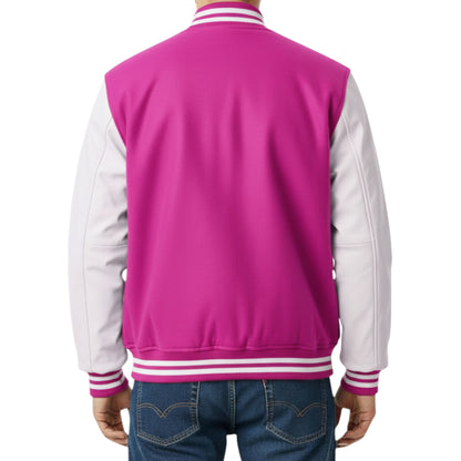 Pink and white varsity jacket on a white background