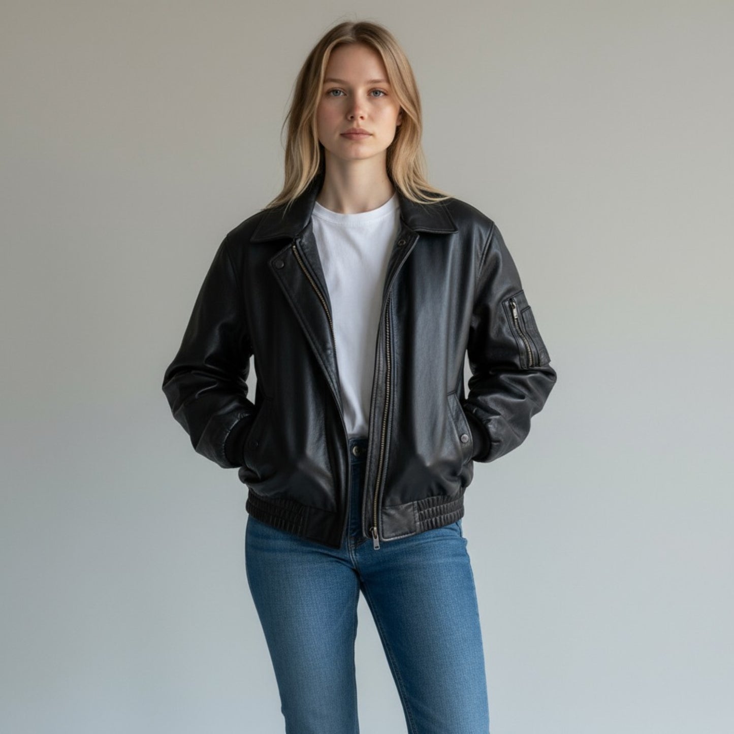 Classic Women Vintage Leather Bomber Oversize Jacket