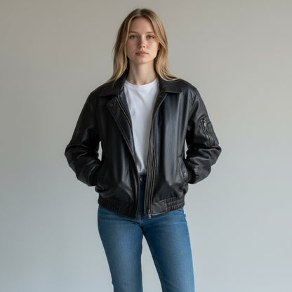 Classic Women Vintage Leather Bomber Oversize Jacket