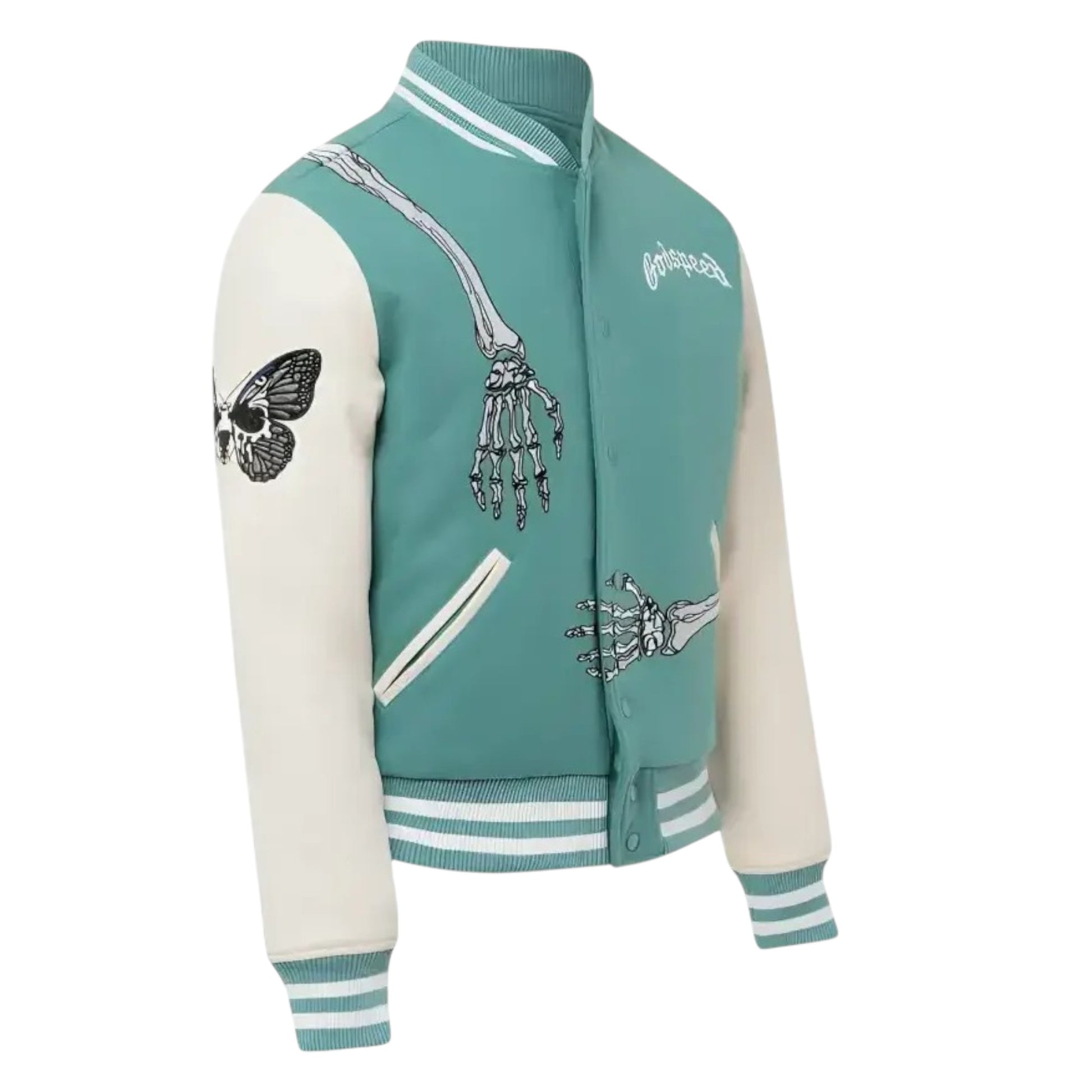 Teal and white varsity jacket with skeleton hand and butterfly designs on a white background