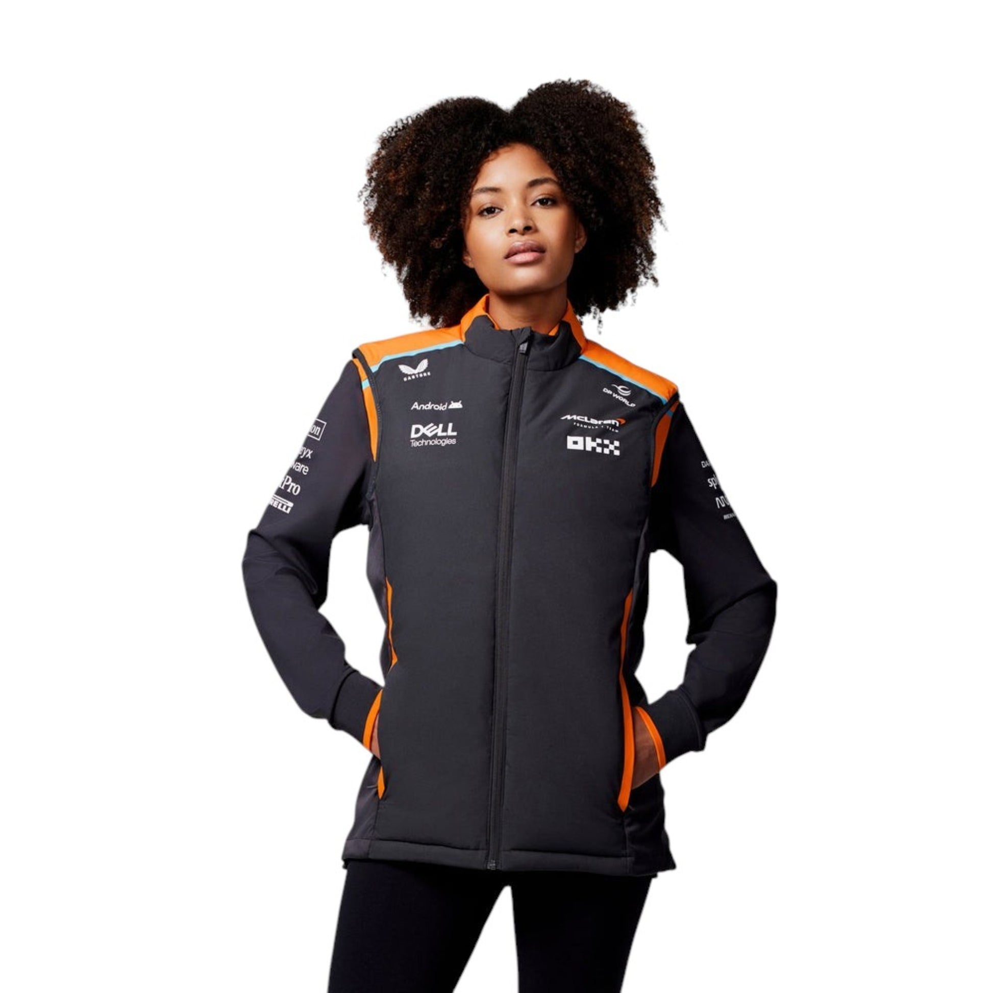 Person wearing a black and orange jacket with branding on a white background