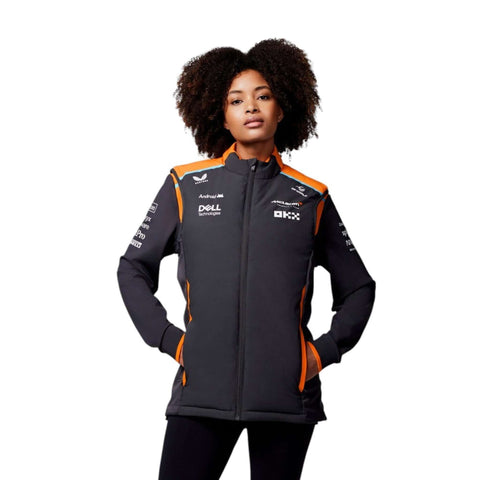 McLaren Racing Hybrid Vest Phantom 2024 Edition worn by a model, showcasing style and performance for motorsport fans.
