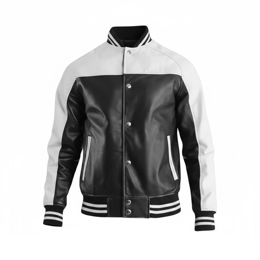 Terrance Varsity Jacket in Black and White Leather