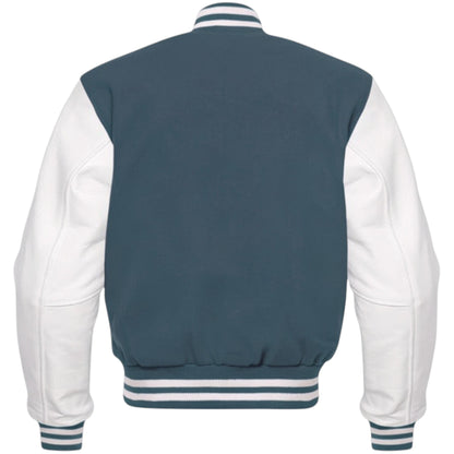 Varsity jacket with blue back and white sleeves on a white background