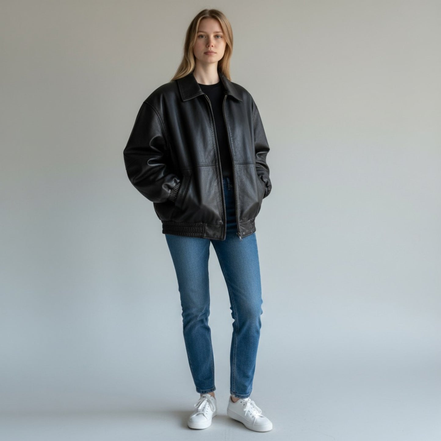 Person wearing a black leather jacket, blue jeans, and white sneakers against a plain background