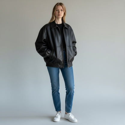 Person wearing a black leather jacket, blue jeans, and white sneakers against a plain background