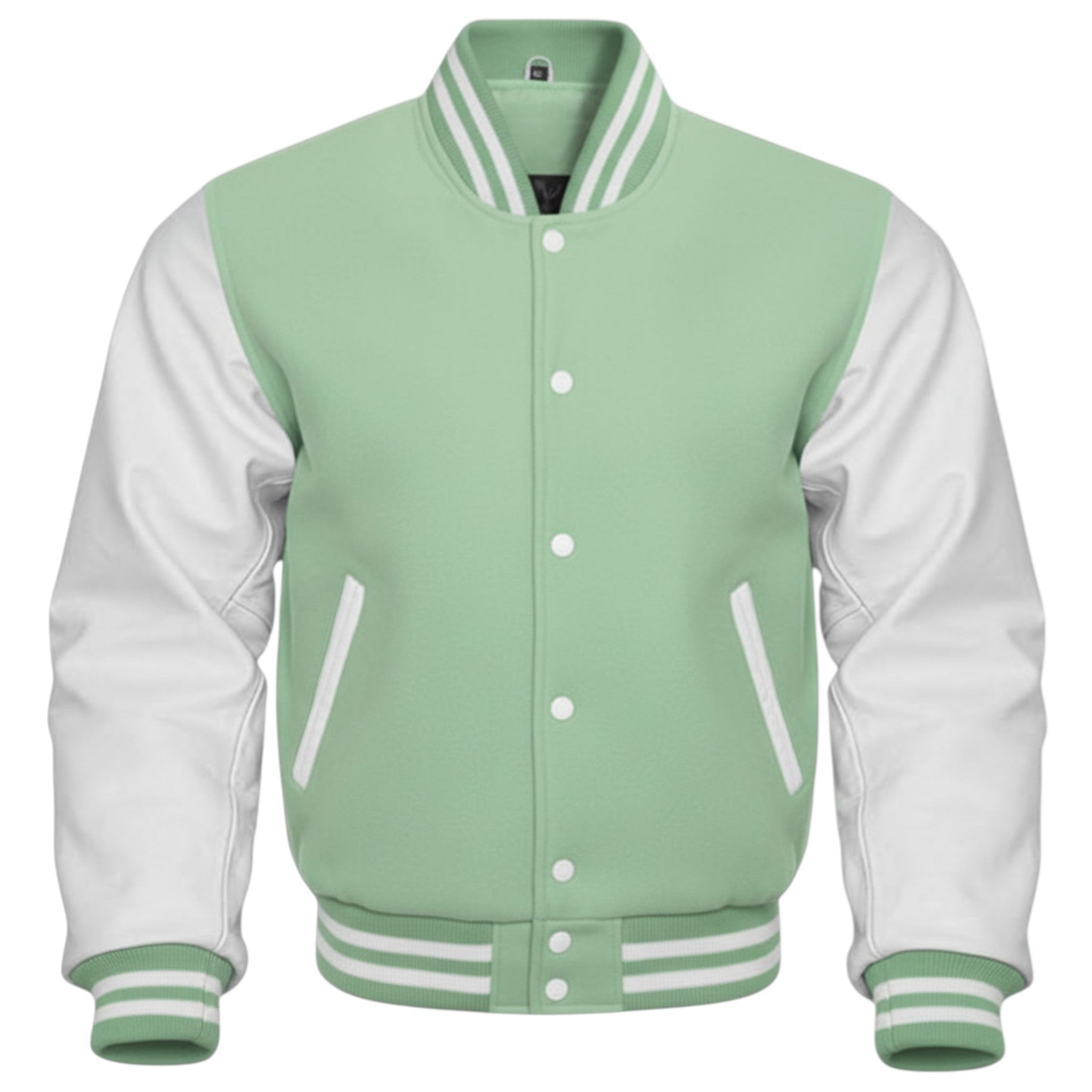 Green and white varsity jacket on a white background