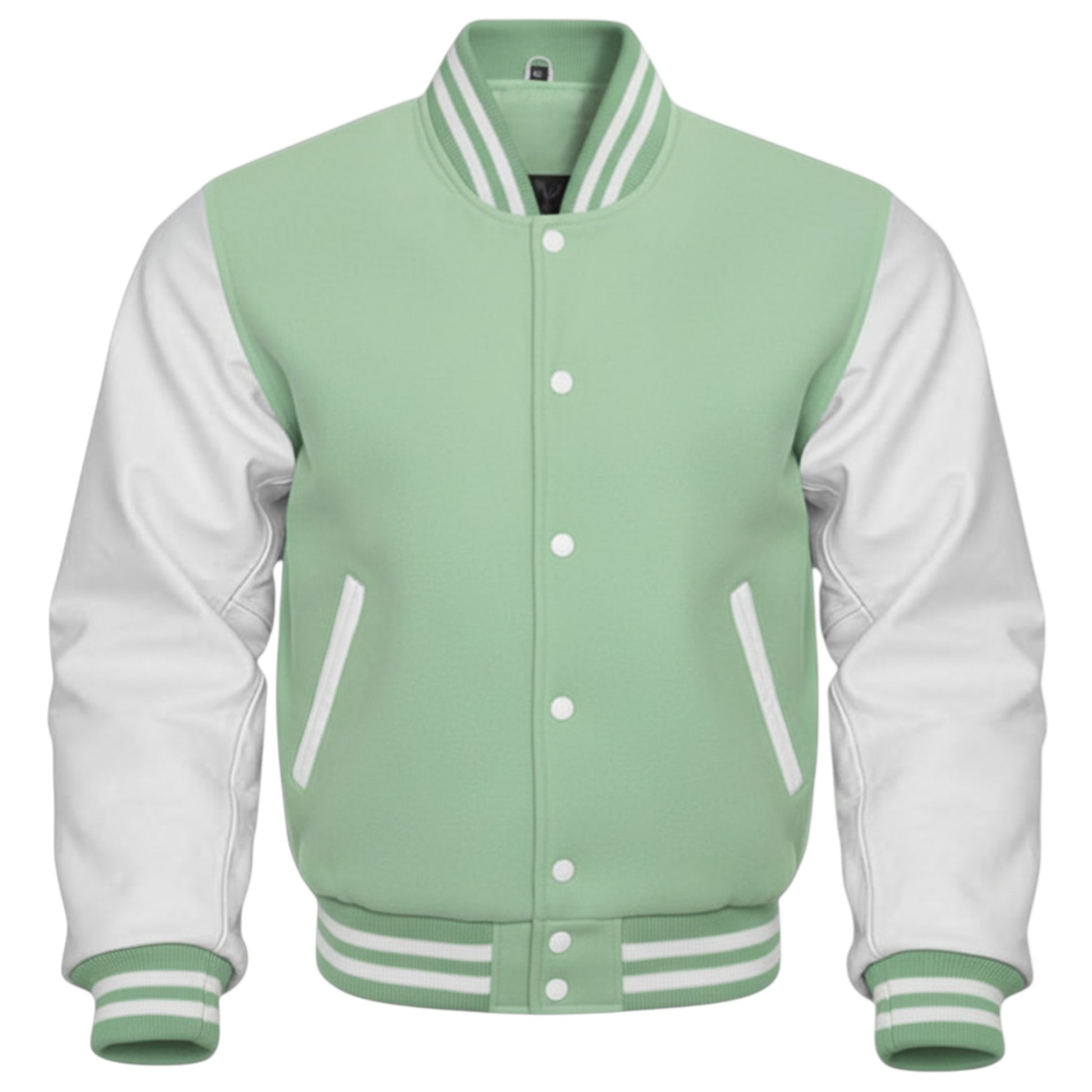 Green and white varsity jacket on a white background
