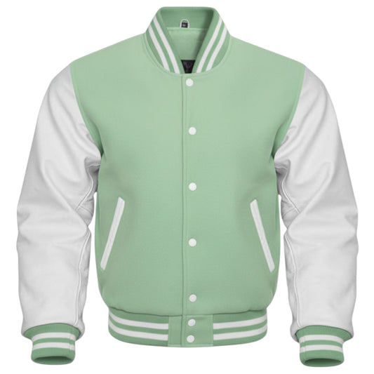 Green and white varsity jacket on a white background