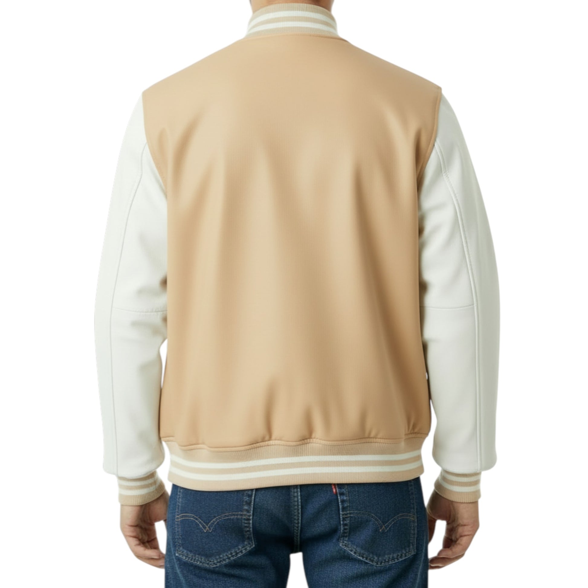 Beige and white varsity jacket worn by a person on a white background