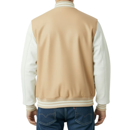 Beige and white varsity jacket worn by a person on a white background