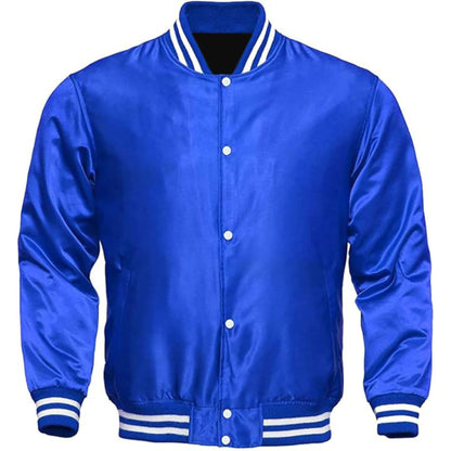 Blue varsity jacket with white buttons and trim on a white background