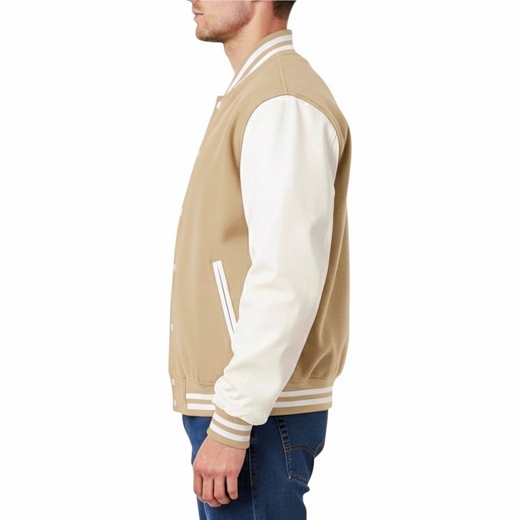Man wearing a beige and white varsity jacket on a white background