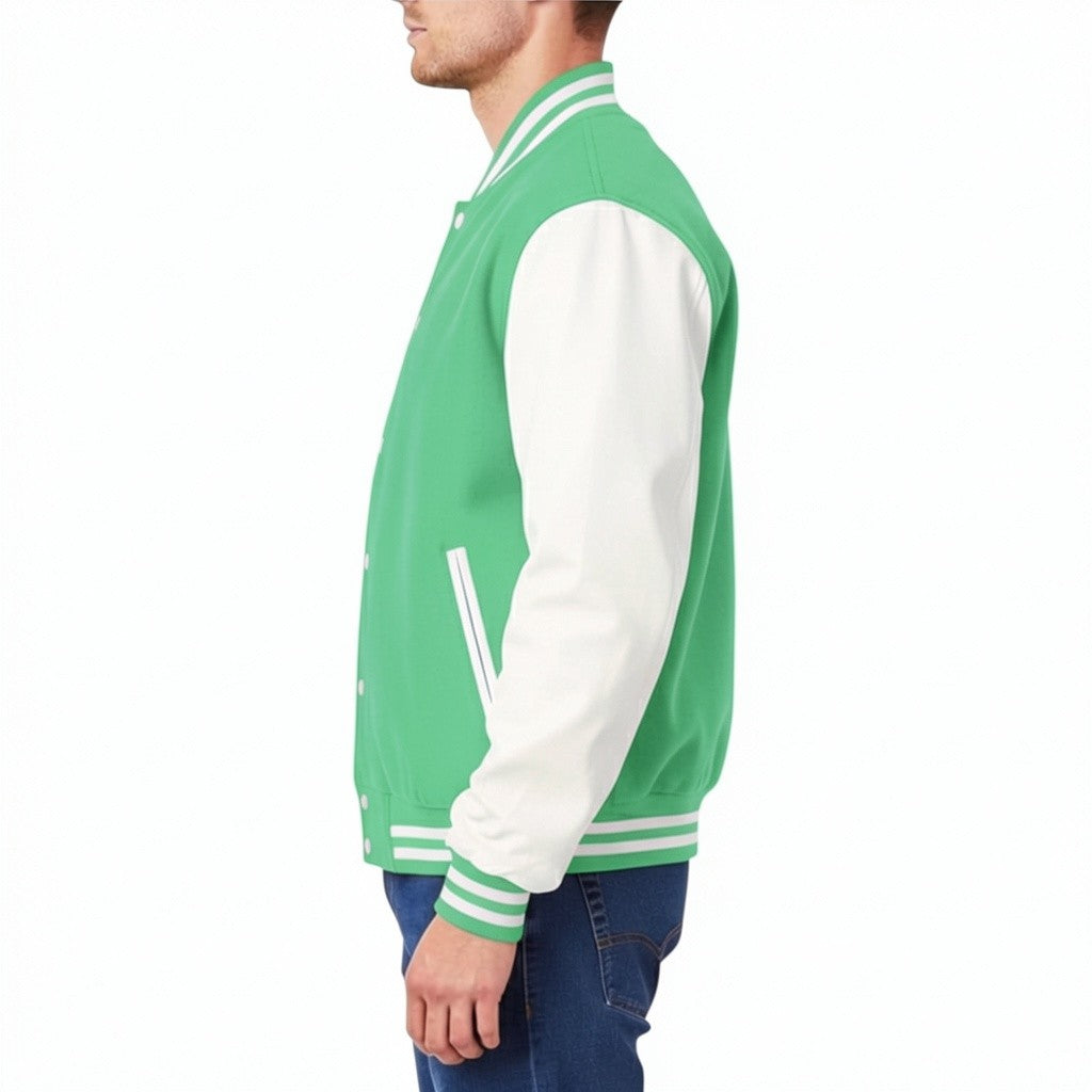Green and white varsity jacket worn by a person on a white background
