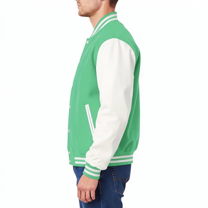 Green and white varsity jacket worn by a person on a white background