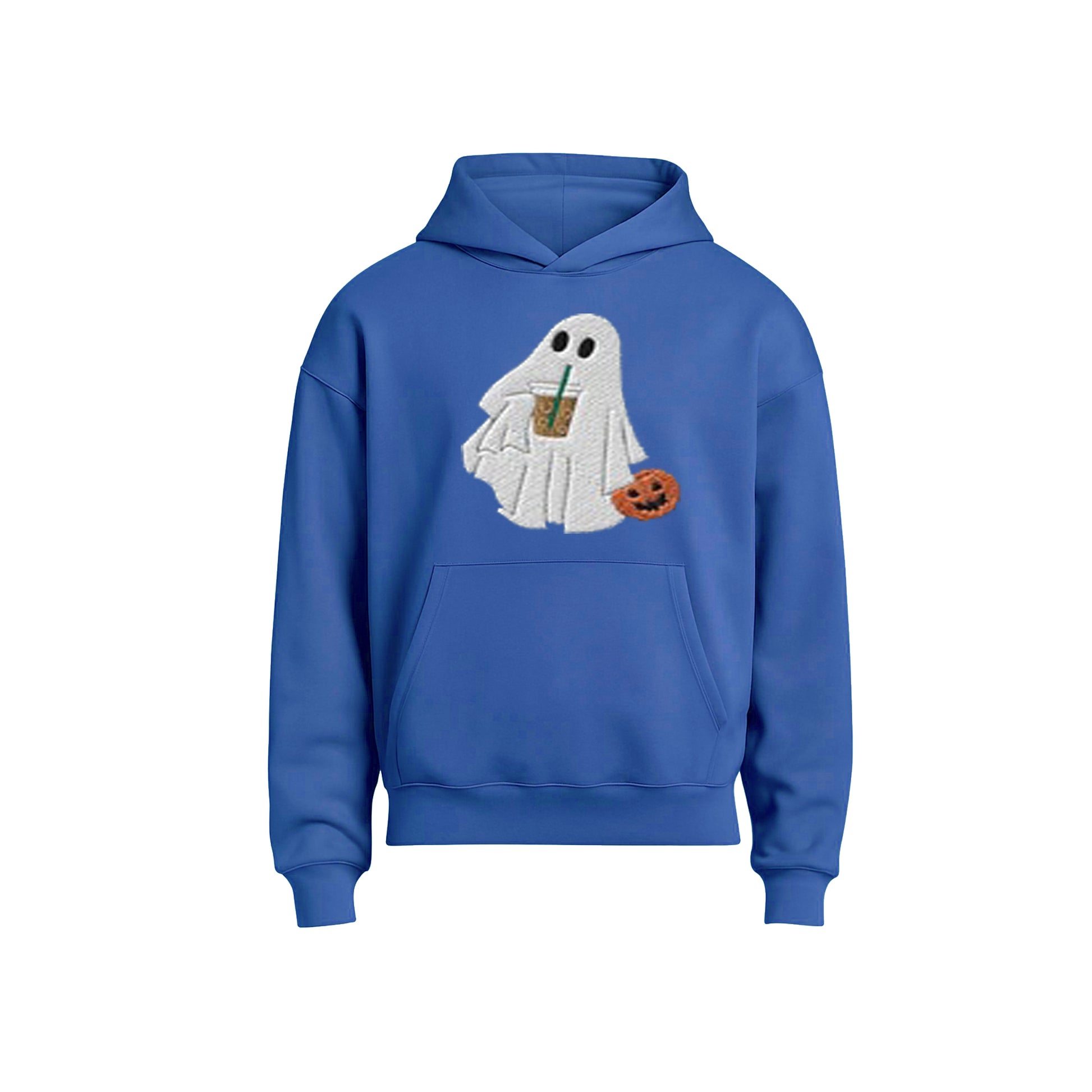 Blue hoodie with a ghost design holding a coffee cup and pumpkin on a white background