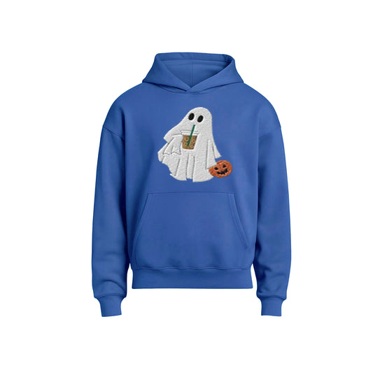 Blue hoodie with a ghost design holding a coffee cup and pumpkin on a white background