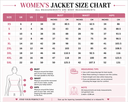 Women's jacket size chart with measurements in inches and centimeters
