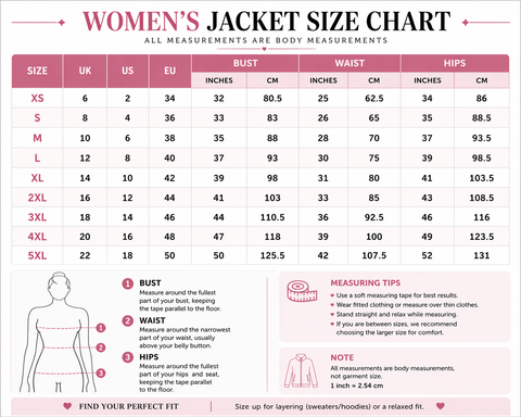 Women's jacket size chart with measurements in inches and centimeters