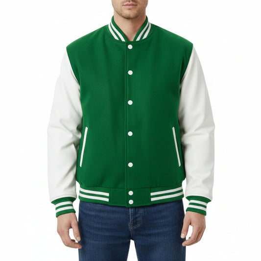 Men’s Classic Varsity Letterman Jacket Forest Green & White Bomber