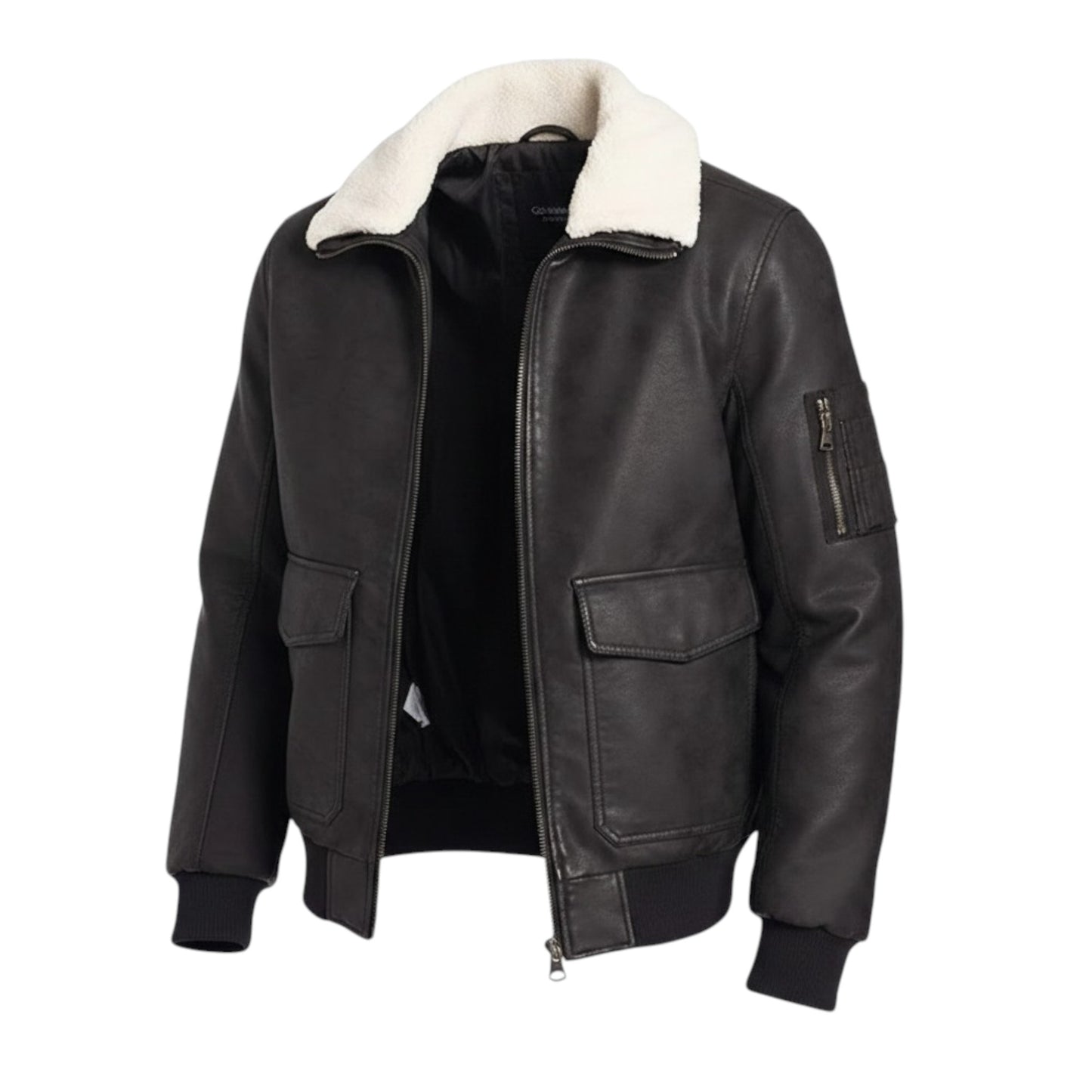 Black leather jacket with white fur collar on a white background