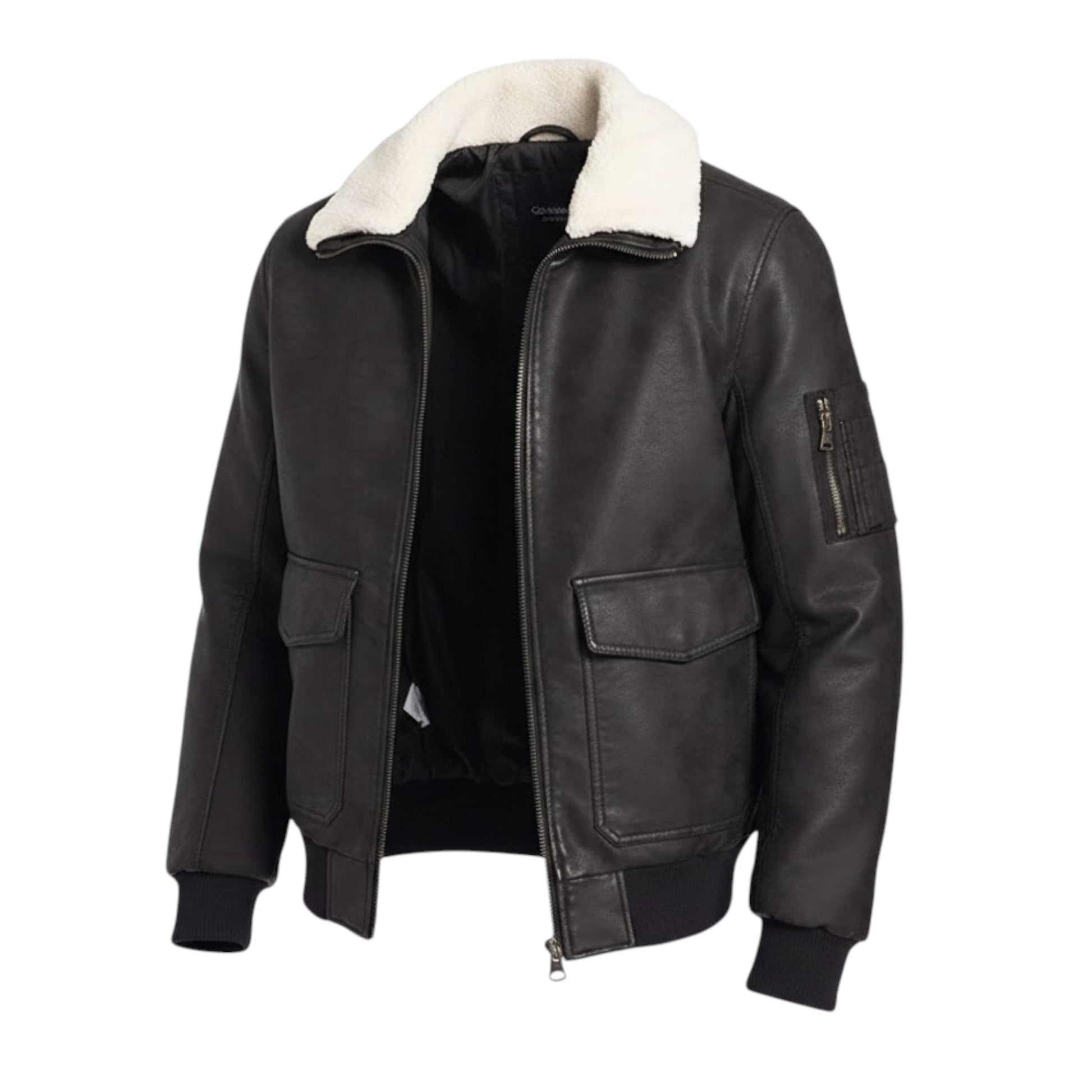 Black leather jacket with white fur collar on a white background