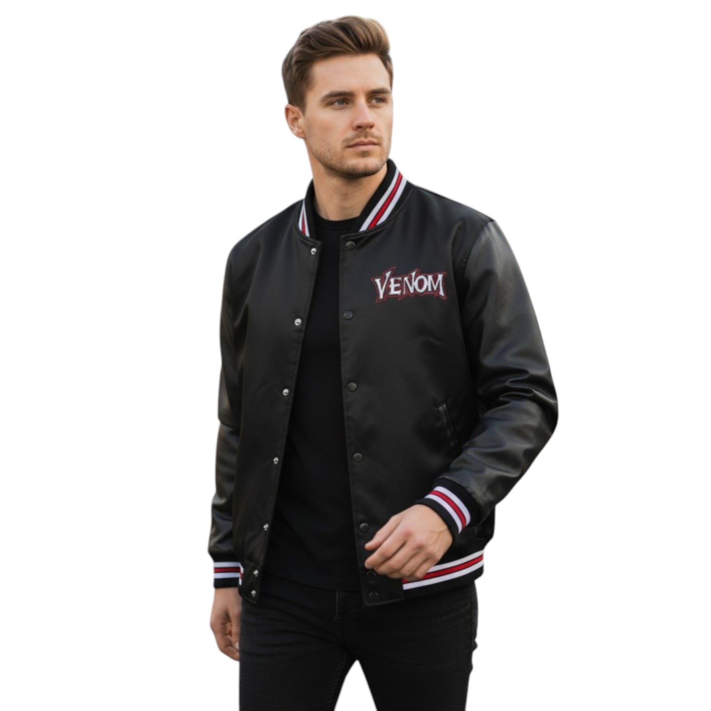 Man wearing a black varsity jacket with 'Venom' logo on a white background