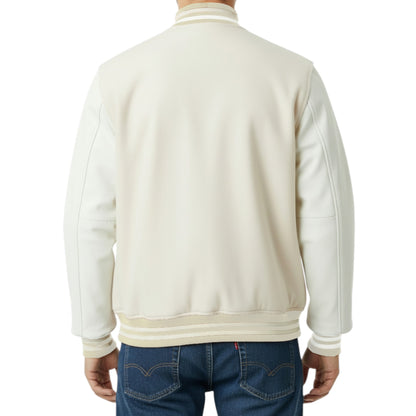 Off-White & Cream Classic Varsity Letterman Athletic Bomber Jacket